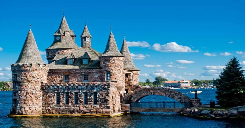 Boldt Castle surrounded by the calm waters of the Thousand Islands region.