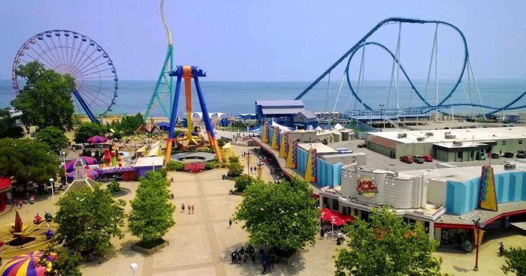 A panoramic view of Cedar Point’s thrilling roller coasters by the shores of Lake Erie.