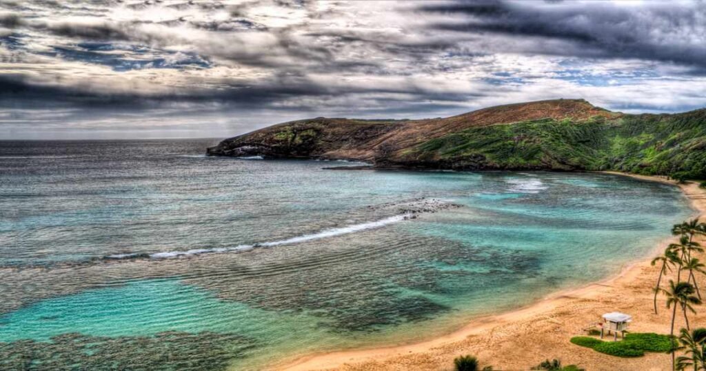 A view of Hanauma Bay’s turquoise waters and coral reefs from above.