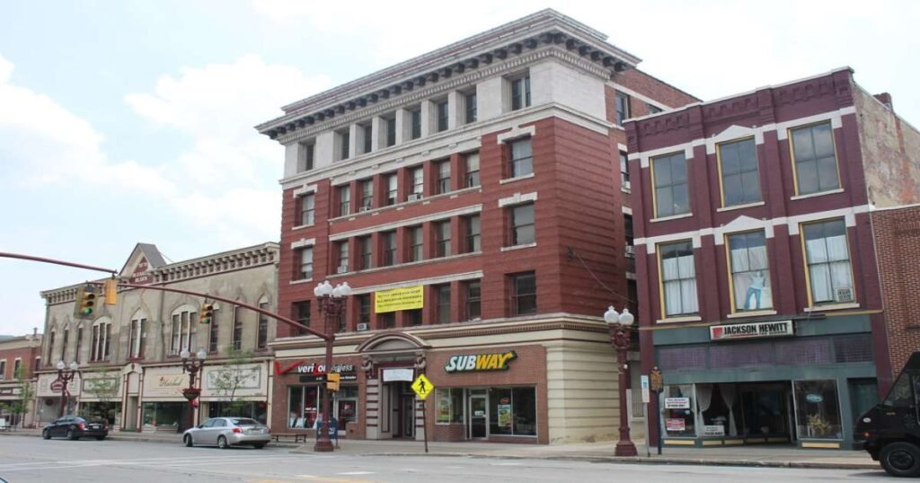 Historic Main Street in Franklin, lined with charming buildings and shops.