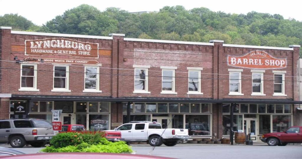 The charming Lynchburg town square surrounded by historic brick buildings.