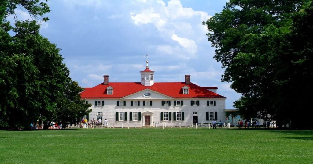 George Washington's Mount Vernon estate with the Potomac River in the background.