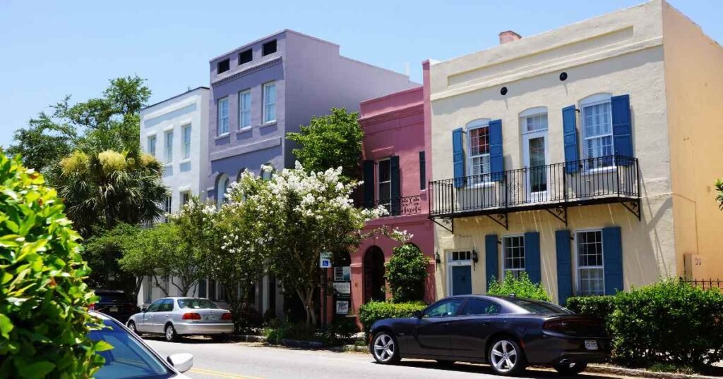 Historic Rainbow Row houses in Charleston, South Carolina.