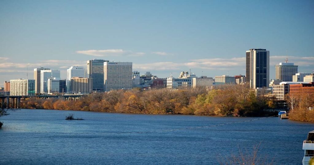 Richmond skyline with the James River in the foreground.