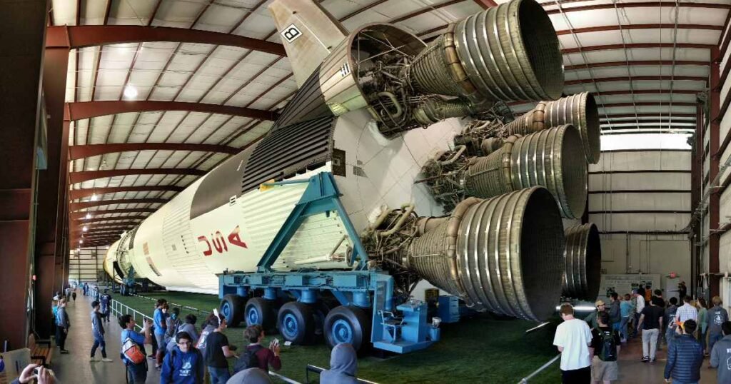 The iconic Saturn V rocket displayed at Space Center Houston.