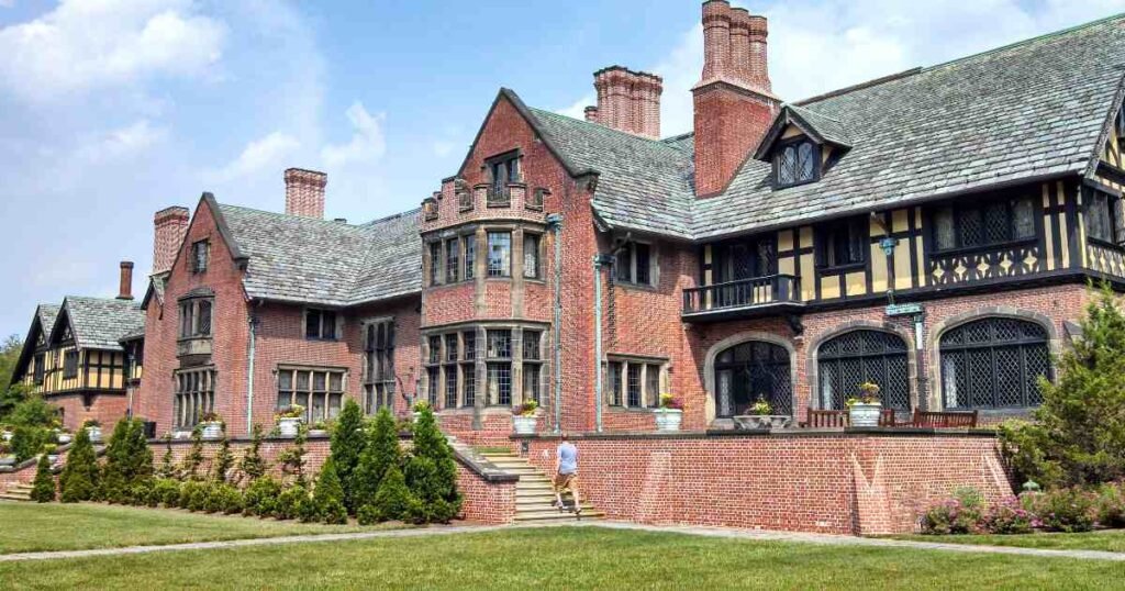 The elegant Stan Hywet Hall surrounded by blooming gardens in Akron.