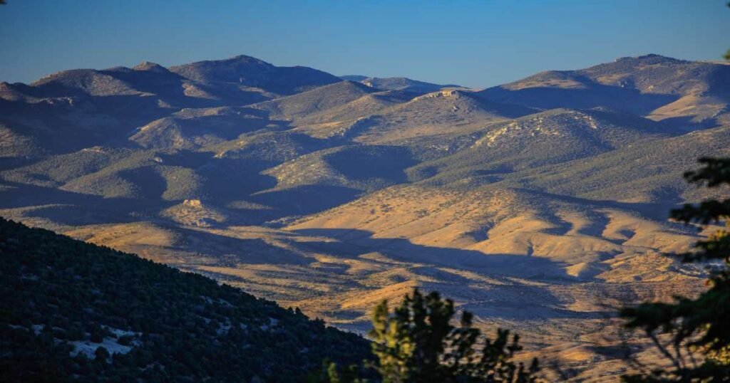 A panoramic view of Wheeler Peak surrounded by alpine forests.