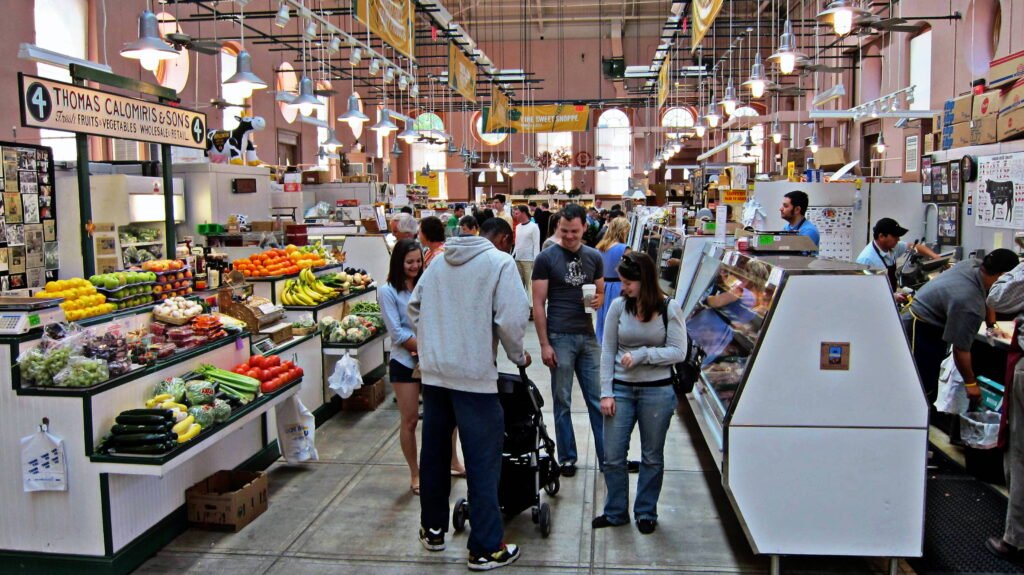 The vibrant stalls of Eastern Market filled with fresh produce and crafts.