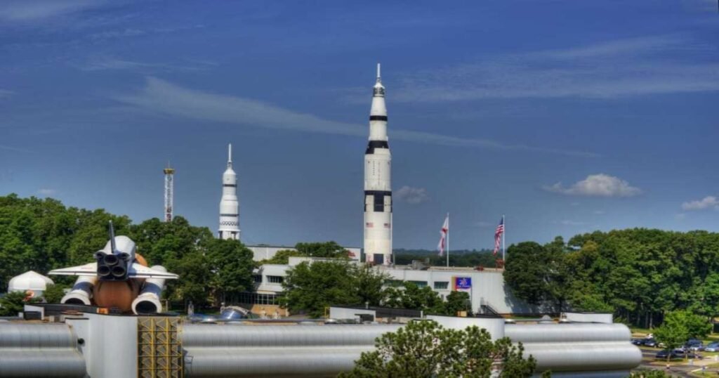 The iconic Saturn V rocket displayed outside the U.S. Space & Rocket Center in Huntsville.