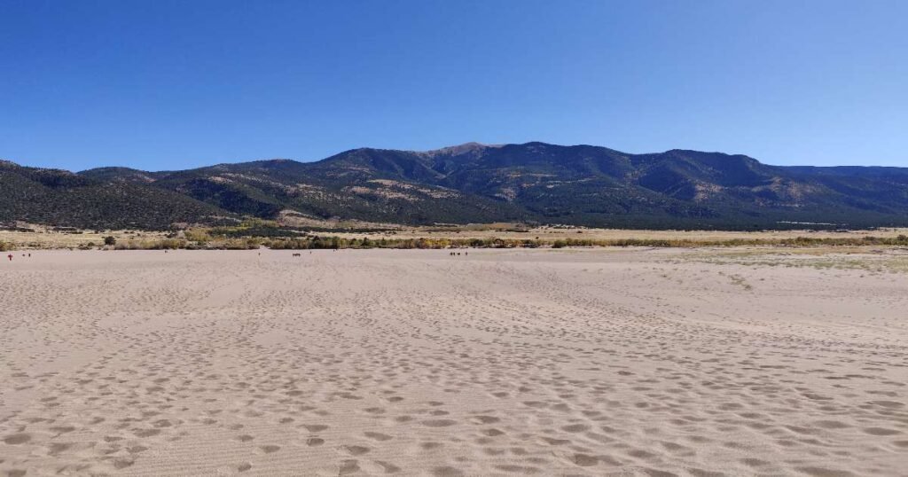 Towering sand dunes with mountains in the background.